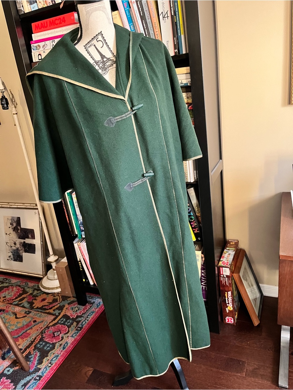 Vintage Hungarian Dark Green Women's Toggle Cloak with Contrast Piping